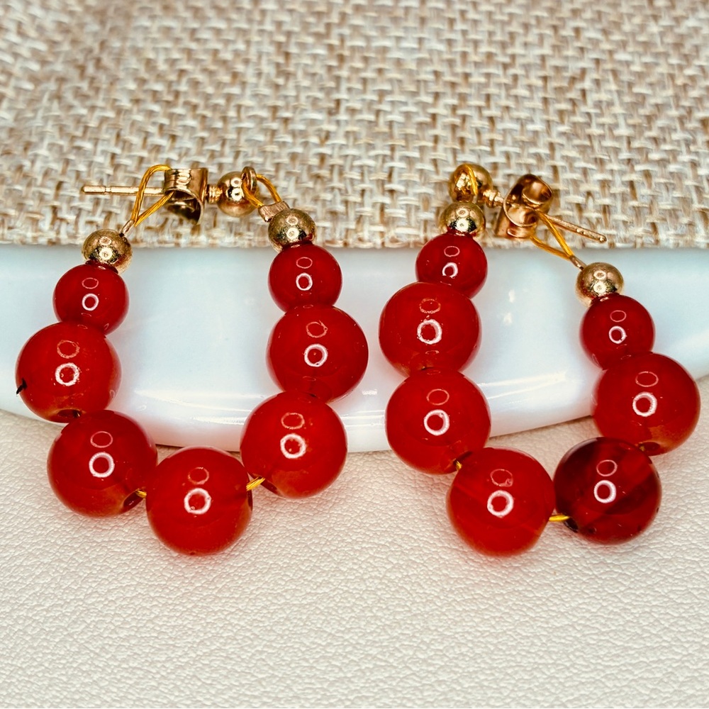 Red Natural Stone and Gold Jacket Style Beaded Hoop Earrings
